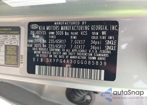 2016 Kia Sorento 2.4L L from USA, damaged, VIN 5XYPG4A30GG085839